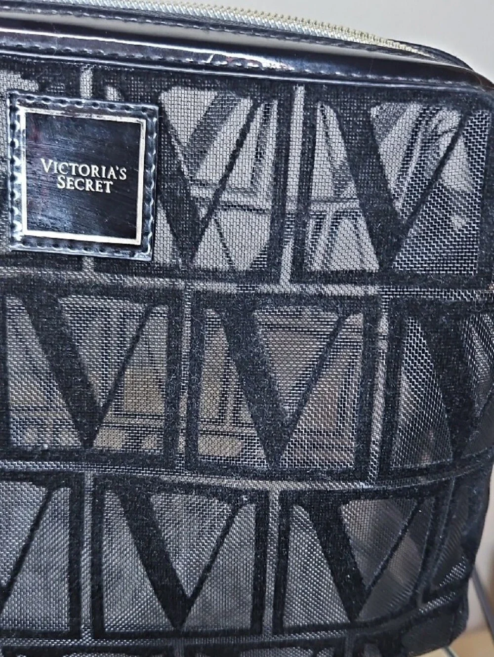 Victoria's Secret Black Mesh Cosmetic Case with Logo Plaque